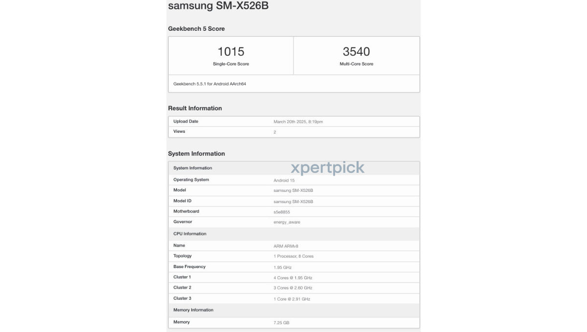 Samsung Galaxy Tab S10 FE 5G Geekbench