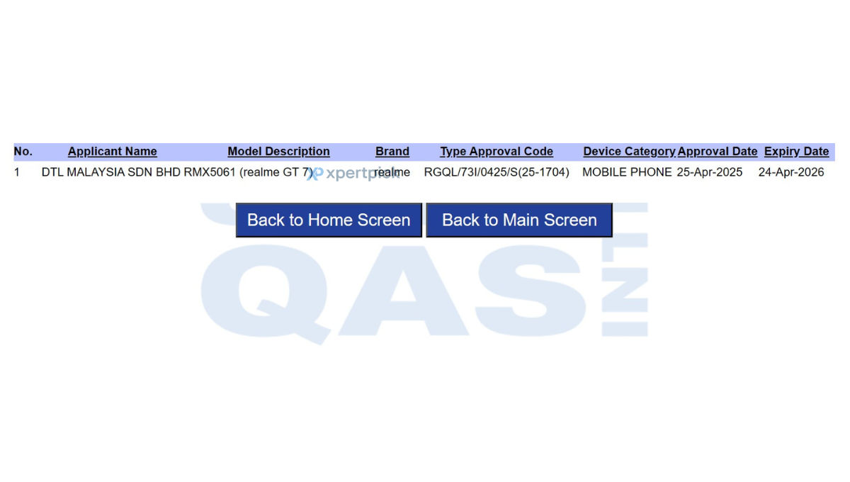 Realme GT 7 (RMX5061) SIRIM certified