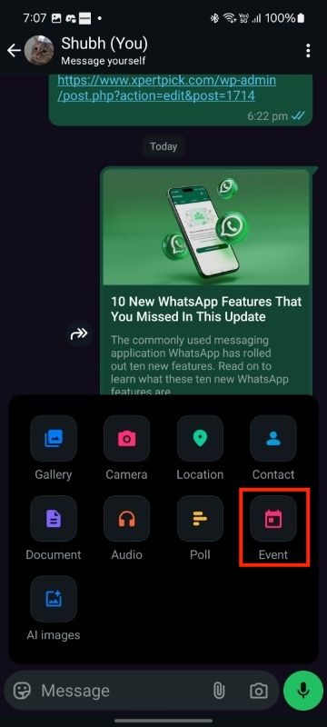 Events on Whatsapp Chat