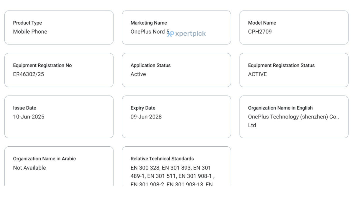 OnePlus Nord 5 TDRA certified