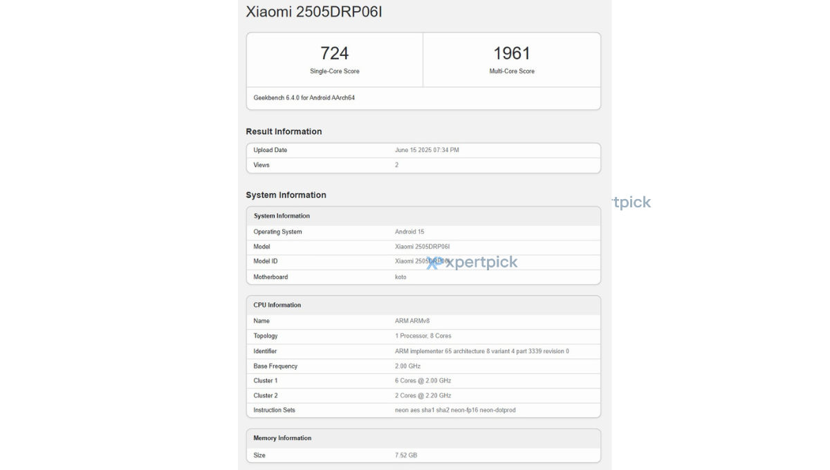 Redmi Pad 2 4G Indian edition Geekbench