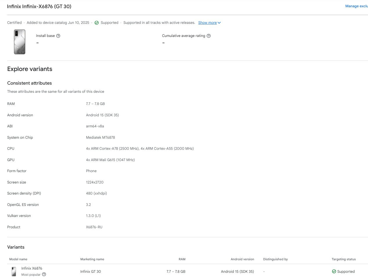 Infinix GT 30 Google Play Console listing-