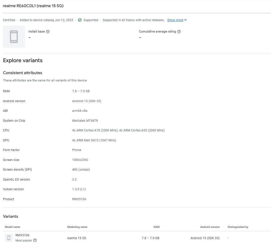 Realme 15 5G Google Play Console listing
