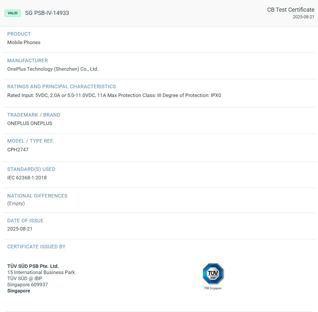 OnePlus 15 TUV listing