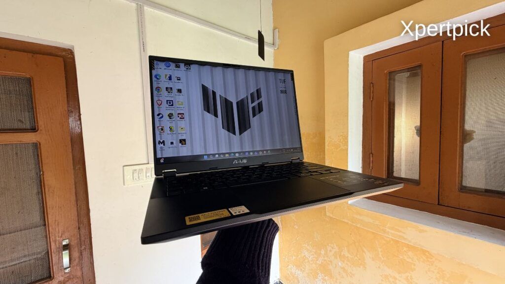 Asus TUF Gaming A14 display and keyboard view indoors. (Source: Yetnesh Dubey / XpertPick)