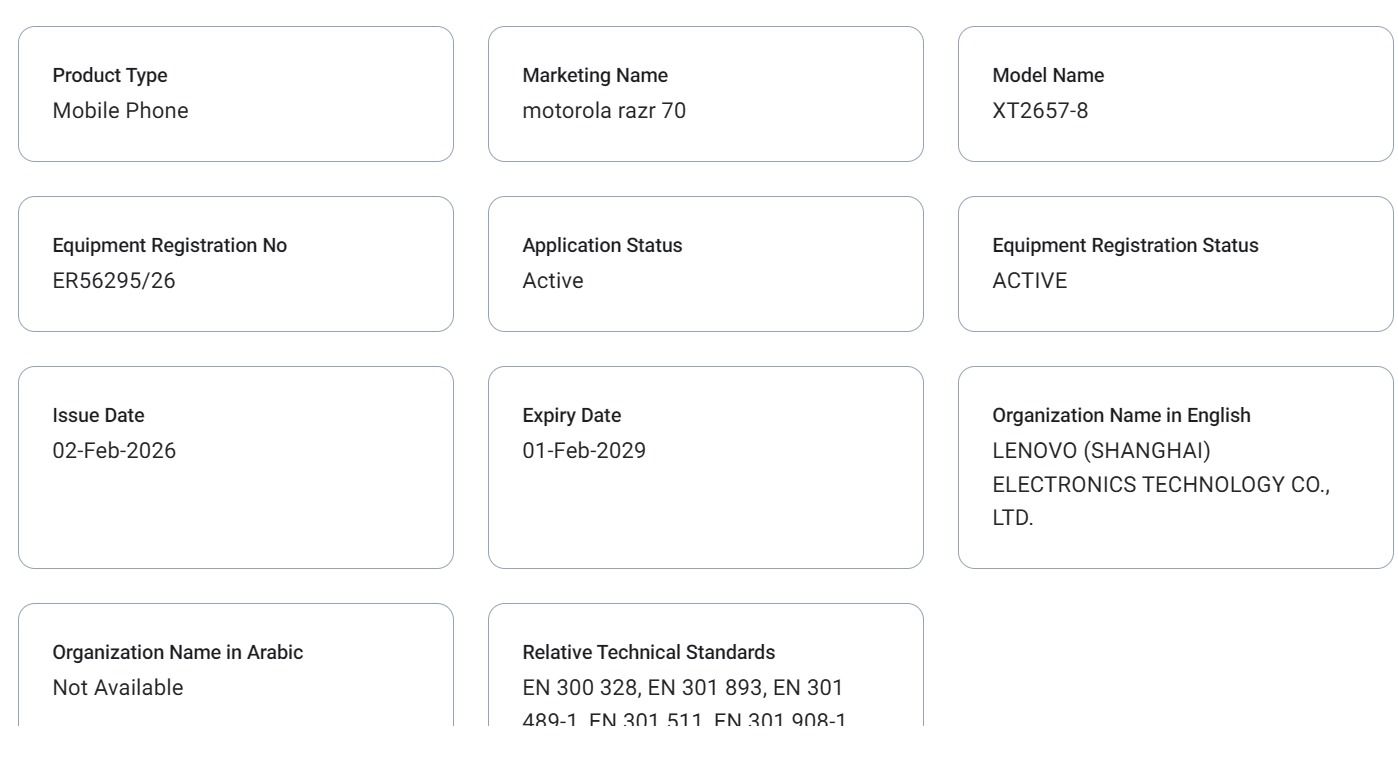 Motoroal Razr 70 TDRA listing