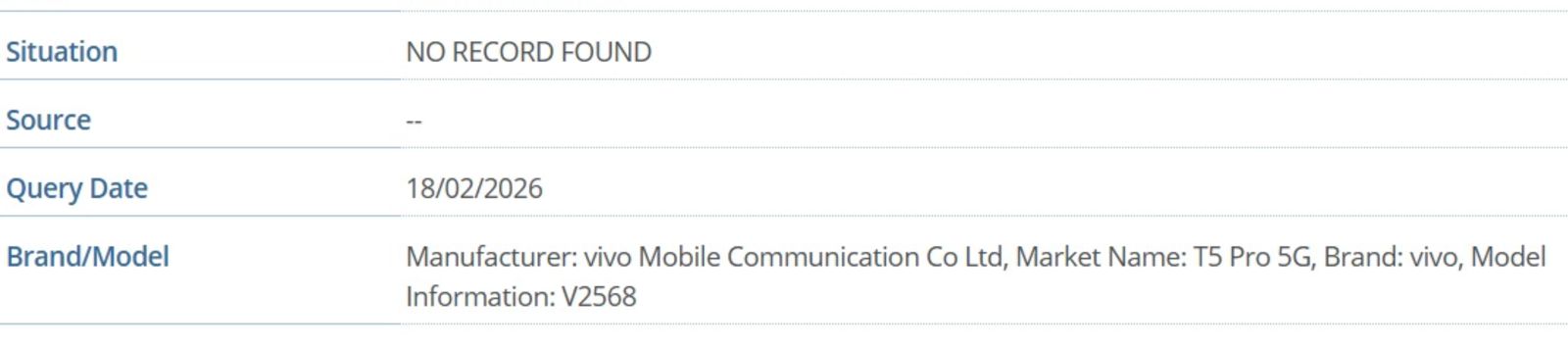 Vivo T5 Pro 5G IMEI database listing