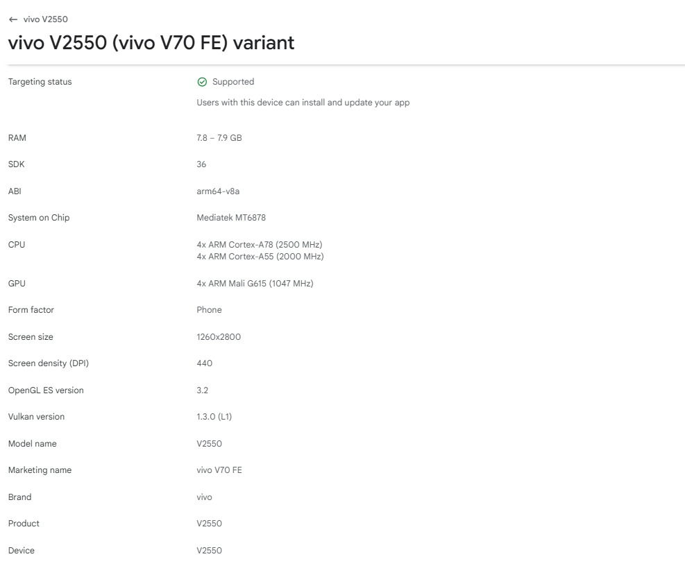 Vivo V70 FE Google Play Console listing