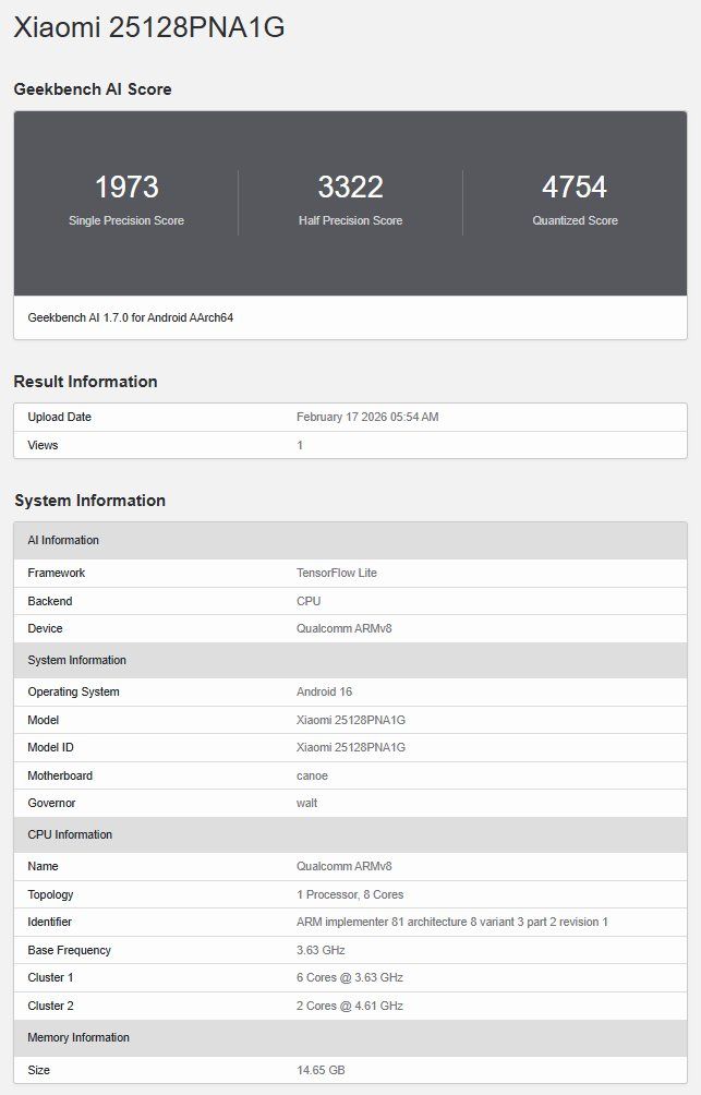 Xiaomi 17 Ultra Leica Leitzphone (global version - 25128PNA1G) appears on Geekbench AI