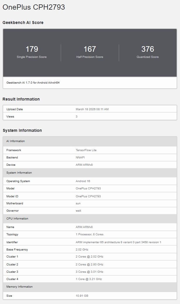 OnePlus Nord 6 Geekbench AI listing