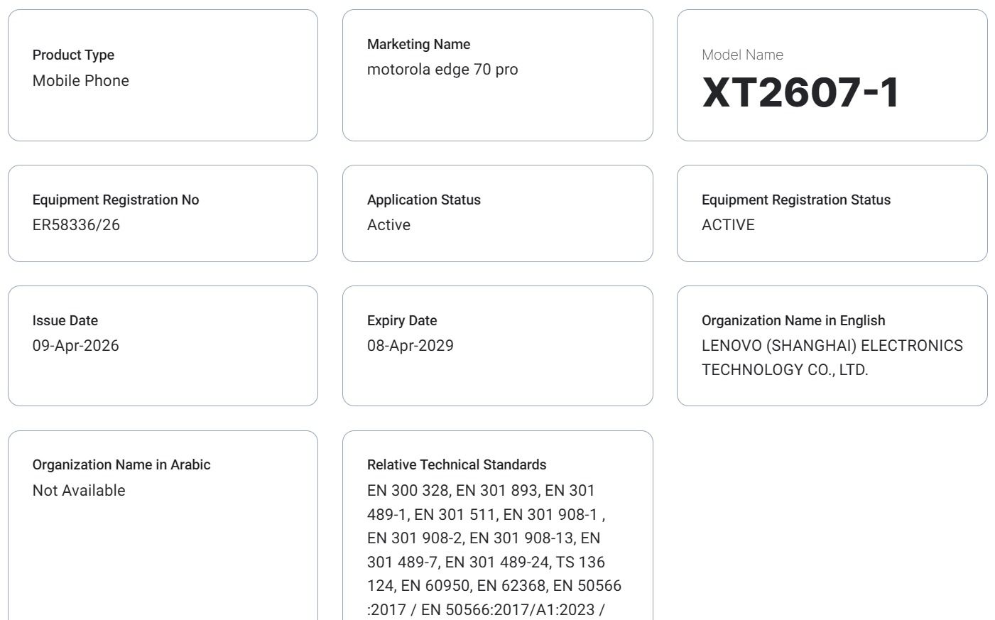 Motorola Razr 70 Ultra TDRA certified