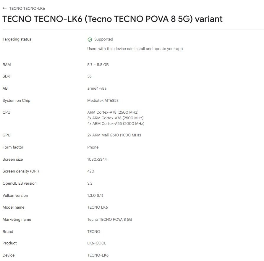 Tecno Pova 8 5G Google Play Console