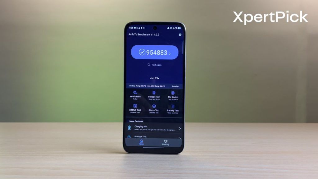 Vivo T5x displaying AnTuTu benchmark score during smartphone performance testing