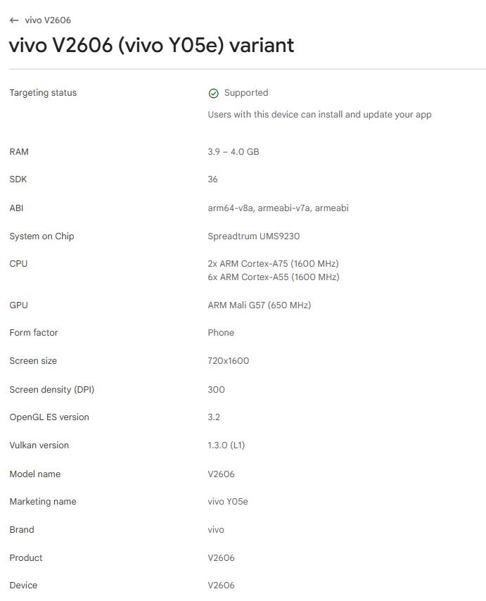 Vivo Y05e Google Play Console listing