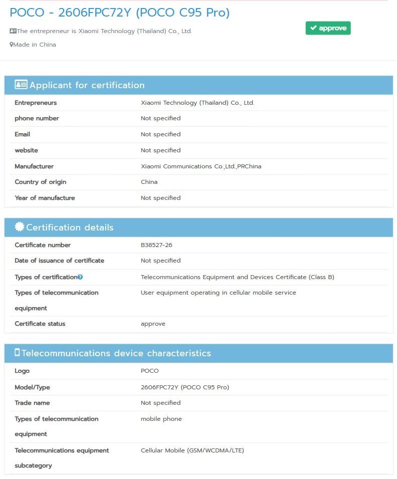 Poco C95 Pro 4G NBTC listing